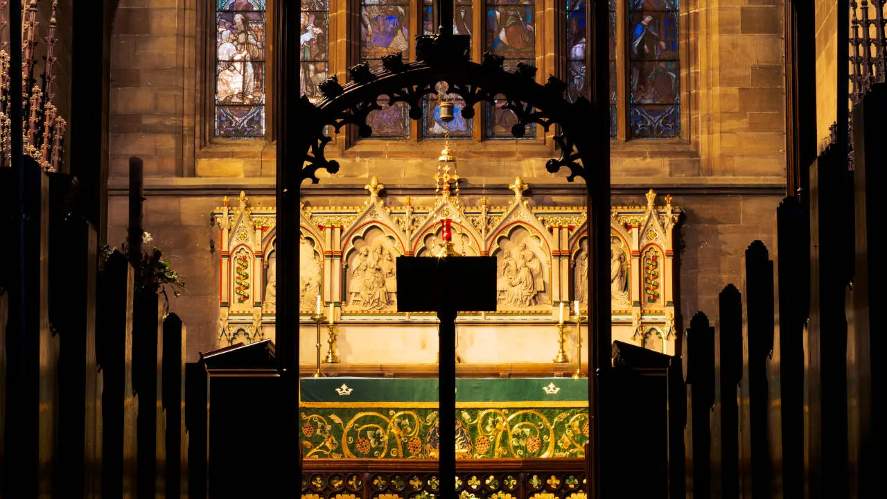 The alter of the church viewed from the pews